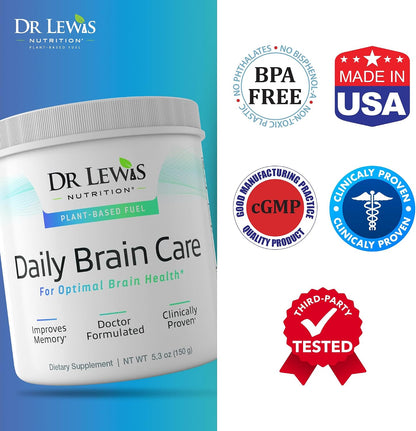 Brain Supplements for Memory and Focus – Dr Lewis Daily Brain Care Powder with Aloe Vera – Plant-Based Nootropic and Vitality Support for Brain Fog, Mental Clarity and Daily Wellbeing – Powder, 150g