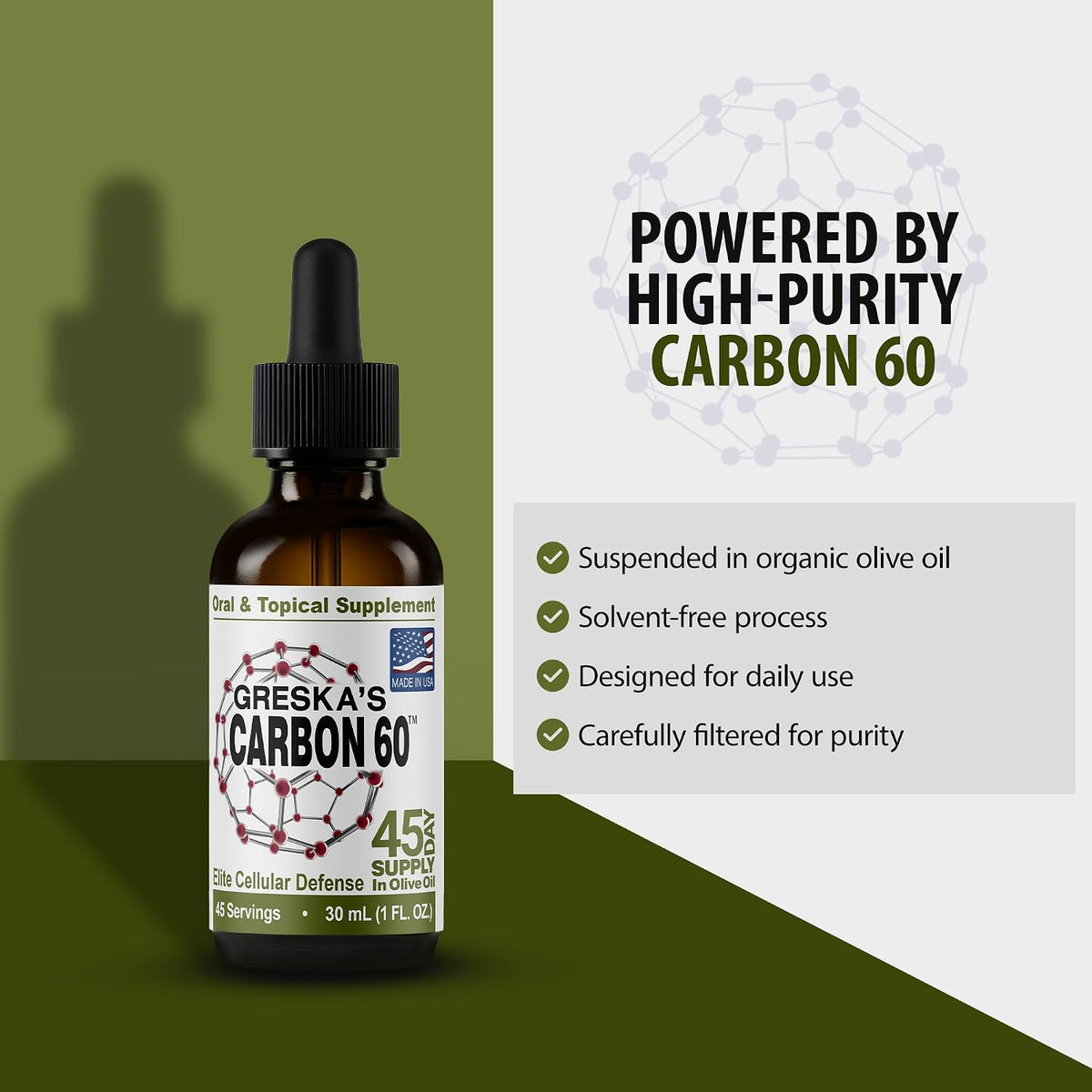 Greska's C60 in Organic Olive Oil - 45-Day Supply - Solvent-Free Carbon 60 Antioxidant - görsel 3