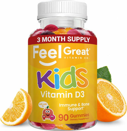 Feel Great Kids Vitamin D3 1000 IU Gummies – Citrus Flavoured, Vegetarian, 90 Count