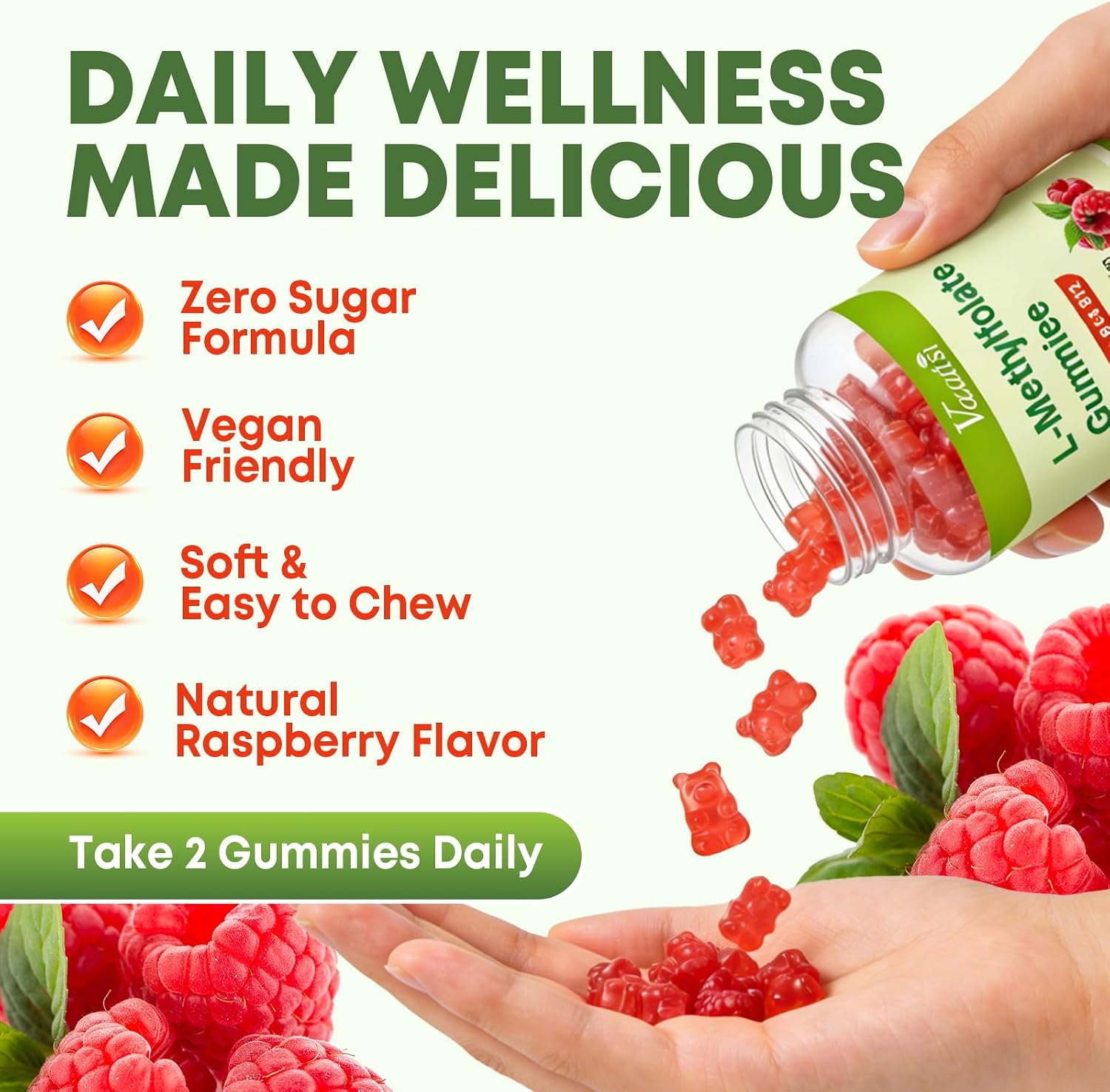 Vazatisi L-Methylfolate 15 mg Gummies with Methyl B12, Folate Supplement for Mood and Brain Health, Raspberry Flavour, 60 Count - görsel 5