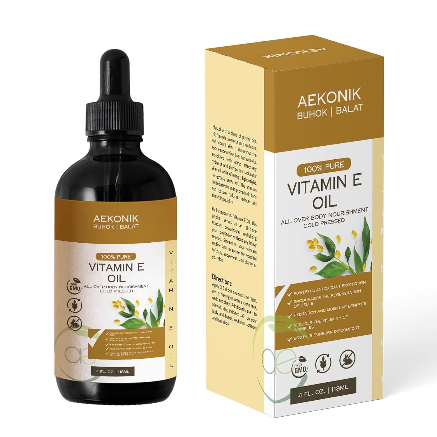 AEKONIK Organic Vitamin E Oil - Pure & Natural for Skin and Hair Care, 118 ml - görsel 1