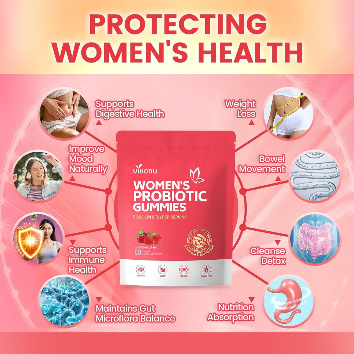 VivoNu Women's Probiotic Gummies - Feminine Balance Support with Cranberry, 60 Count - görsel 2