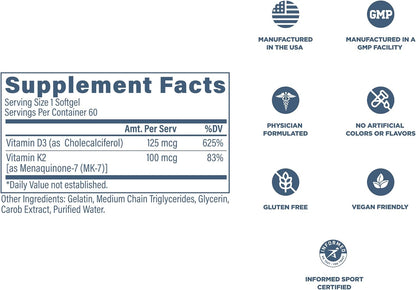 REVIVE MD Vitamin D3 & K2 Food Supplement | 5000 IU D3 + MK-7 K2 | 60 Soft gel capsules