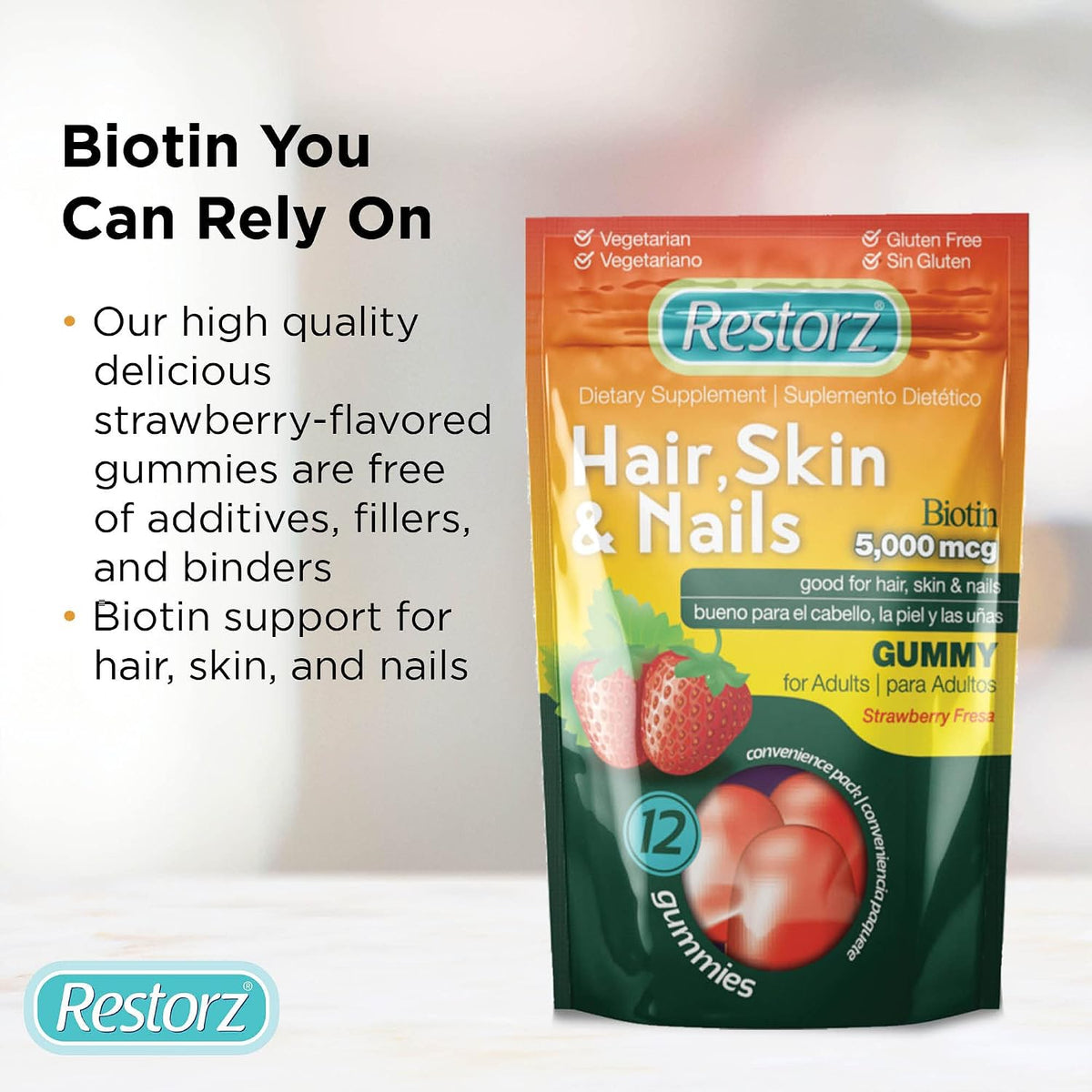 Restorz Hair, Skin, and Nails Biotin Gummy Vitamins, Strawberry Flavour (12-Pack) - görsel 5