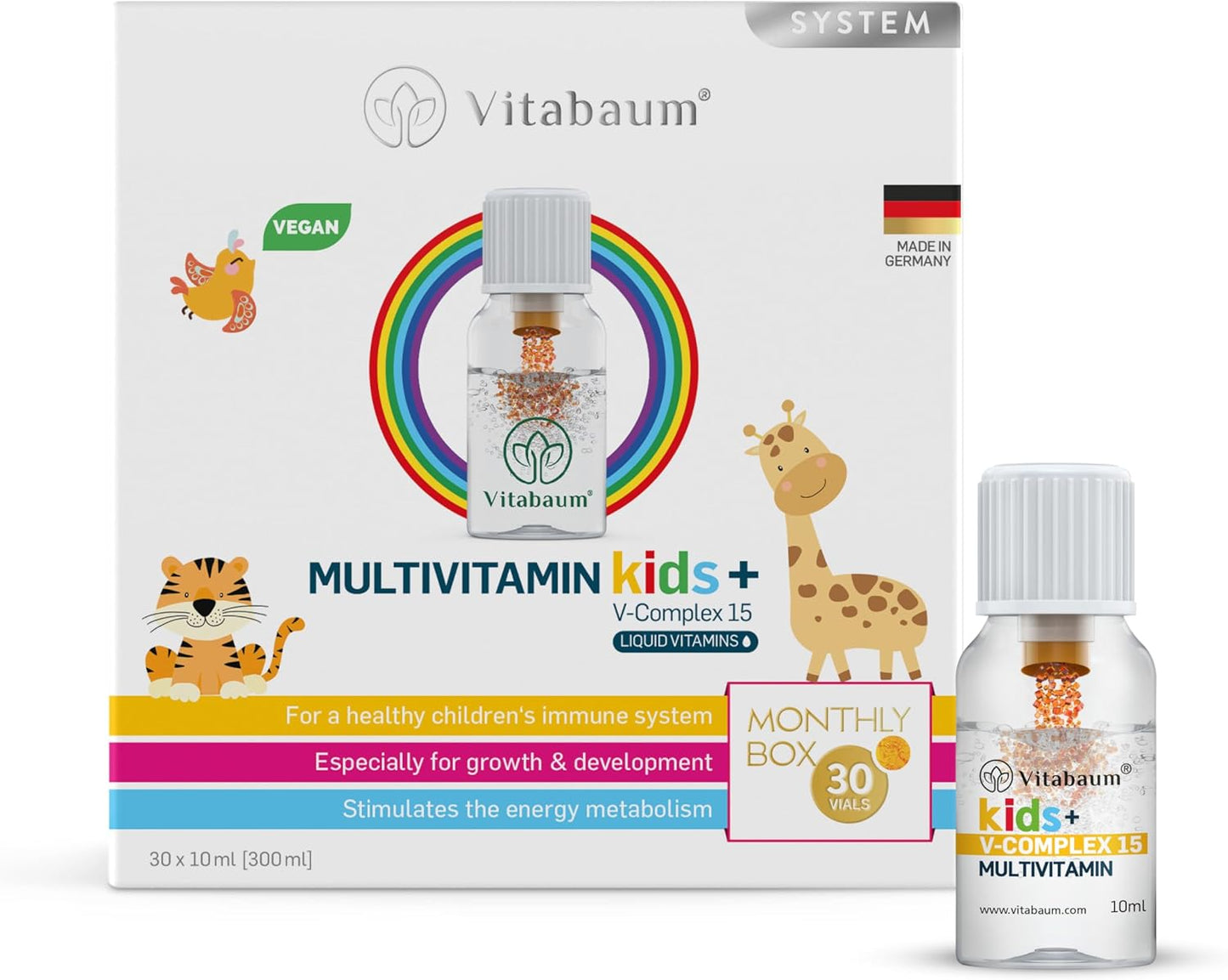 Vitabaum Multivitamin Kids – Children's Vitamins for Healthy Growth – 30 Vials – 10ml Each – Innovative Twist and Mix System for Fast Absorption – Vegan, Gluten-free - görsel 1