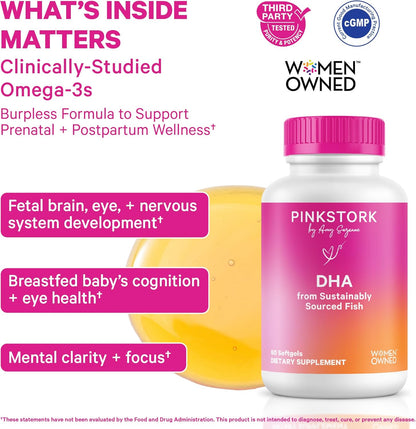 Pink Stork Omega-3 DHA - 540 mg Fish Oil Supplement with DHA and EPA for Antenatal and Postnatal Support - 60 Soft Capsules