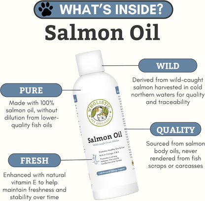 Wholistic Pet Organics Wild Alaskan Salmon Oil for Dogs and Cats – Omega-3 Fish Oil Supplement – 4 oz (118 ml)