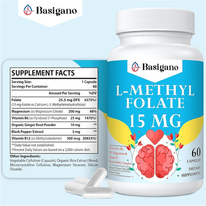 Basigano 15mg L-Methylfolate (5-MTHF) with B6 & B12 – 60 Vegetarian Capsules