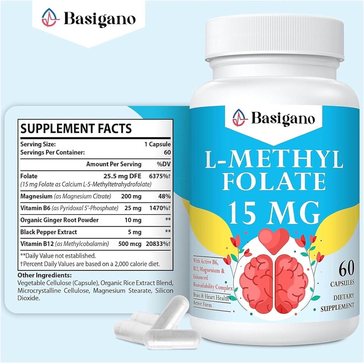 15mg L-Methylfolate (5-MTHF) – Active Folate with Vitamins B6 and B12 – 60 Vegetarian Capsules – Non-GM, Gluten-Free - görsel 2