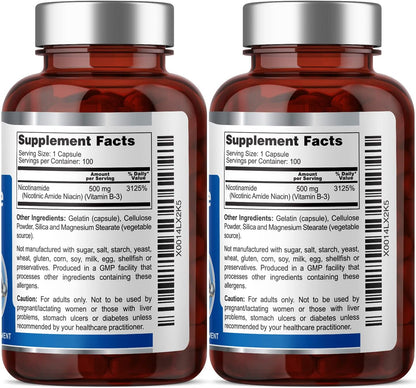 B-3 Nicotinamide 500 mg, 100 Capsules (2-Pack)
