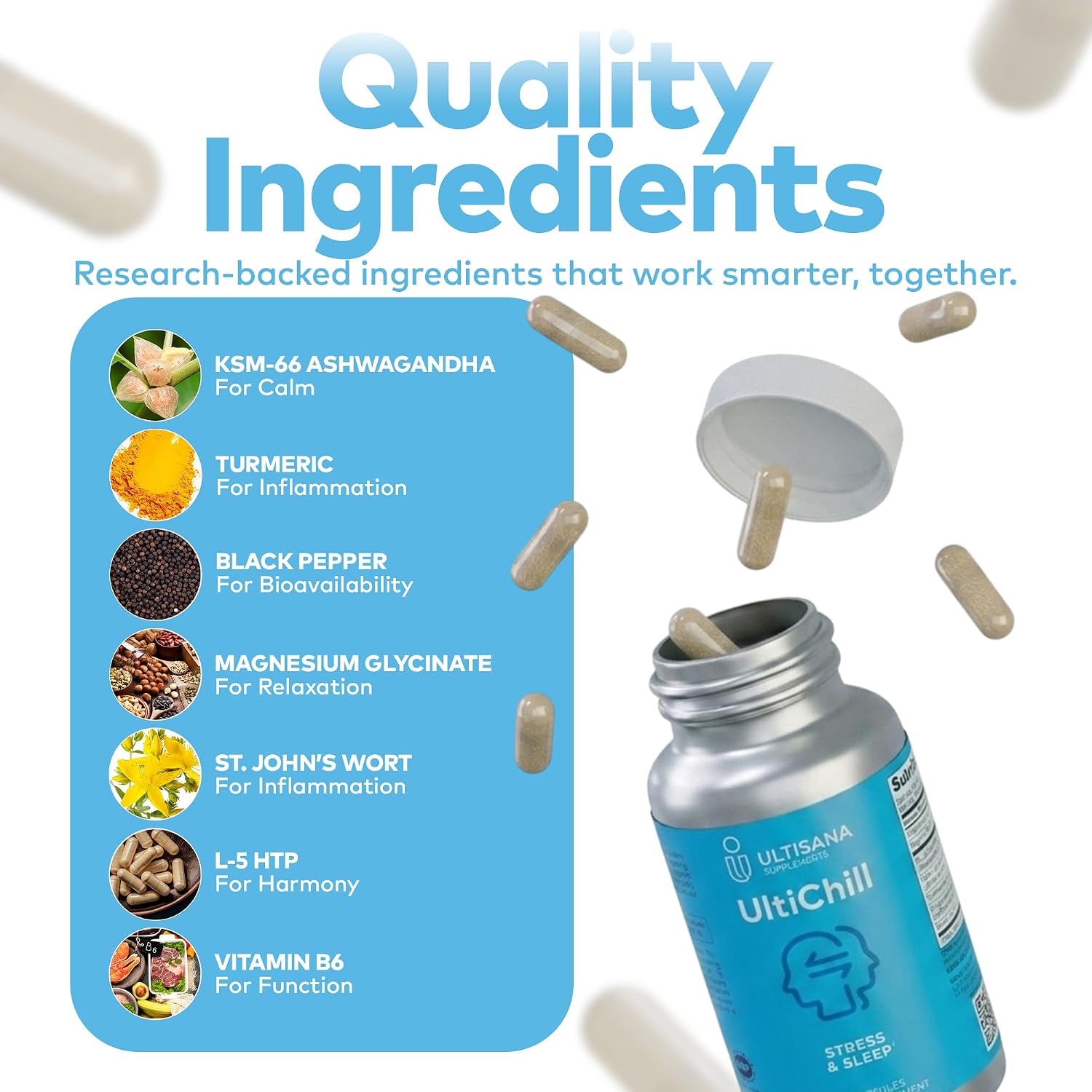 UltiChill Stress Relief Supplement – Supports Calmness, Relaxation & Mood with Magnesium Glycinate, Vitamin B6, KSM-66 Ashwagandha, Turmeric & 5-HTP, 60 Capsules - görsel 2