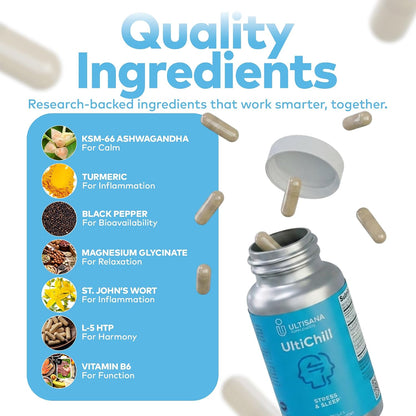 UltiChill Stress Relief Supplement – Supports Calmness, Relaxation & Mood with Magnesium Glycinate, Vitamin B6, KSM-66 Ashwagandha, Turmeric & 5-HTP, 60 Capsules