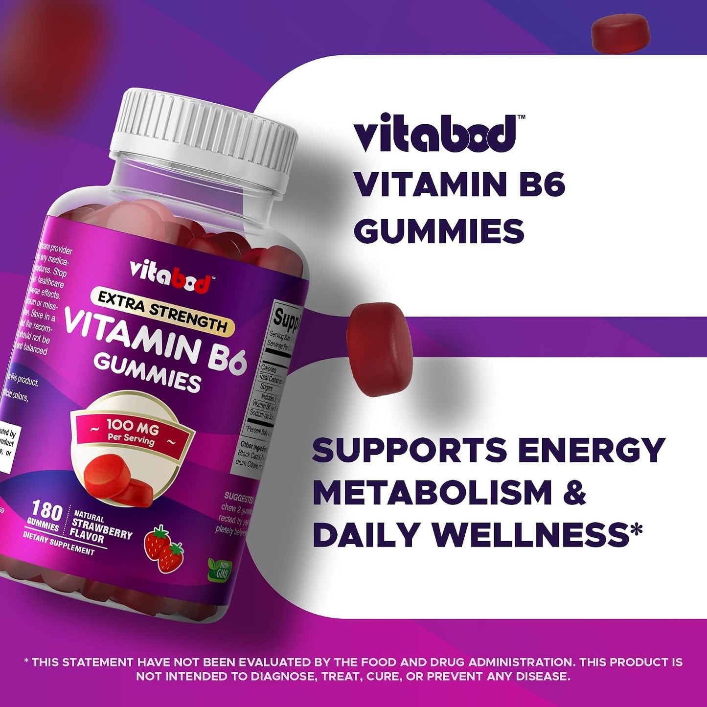 Vitabod Extra Strength Vitamin B6 Gummies 100mg – 180 Pectin-Based Gummies – Supports Energy Metabolism and Nervous System Health – Non-GMO - görsel 4
