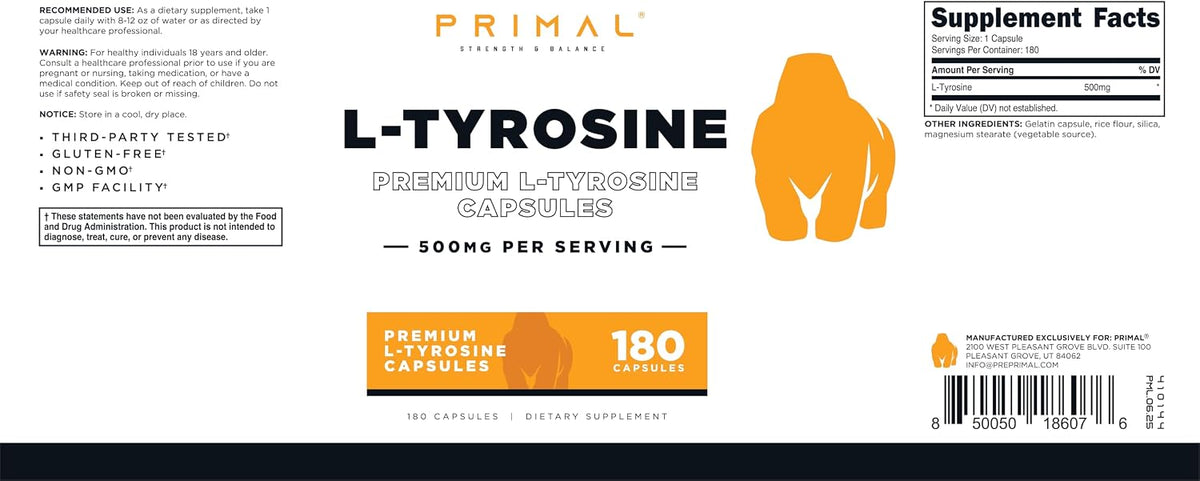 Primal L-Tyrosine Capsules (180 Capsules, 500 mg per Serving) – Tyrosine Amino Acid Supplement - görsel 5