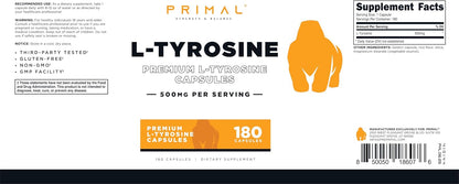Primal L-Tyrosine Capsules (180 Capsules, 500 mg per Serving) – Tyrosine Amino Acid Supplement