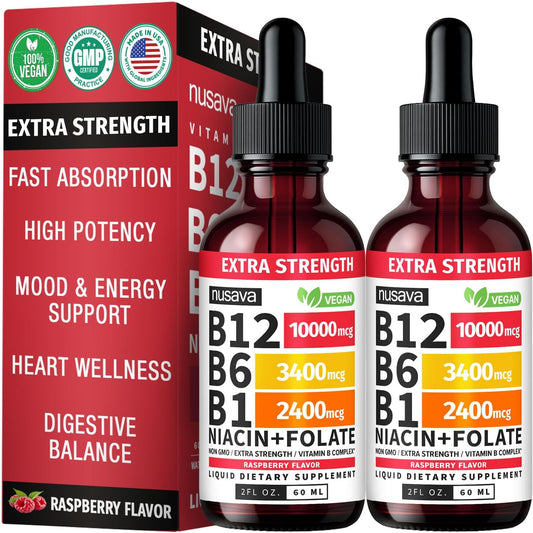 (2 Pack) Extra Strength Liquid Vitamin B12 Sublingual Vitamin B Complex - B12 Drops 10000mcg - Methylcobalamin for Energy, Nervous System and Heart Support, Raspberry Flavour, Non-GMO, 60 ml (80 Servings)