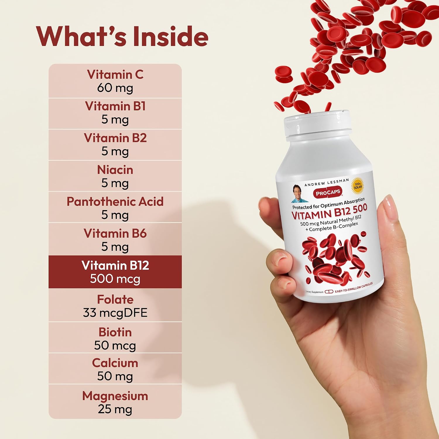 ANDREW LESSMAN Vitamin B12 500 - Absorption-Protected Methylcobalamin, 180 Capsules - görsel 3