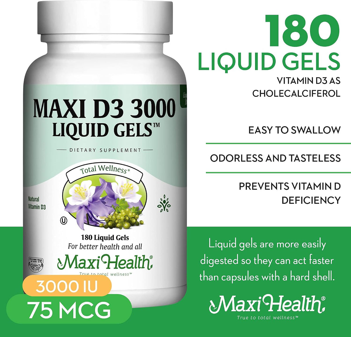 Maxi Health Vitamin D3 3000 IU (75 mcg) – Liquid Soft gel capsule Capsules for Bone and Immune Support – Non-GMO, Kosher, 180 Count - görsel 2