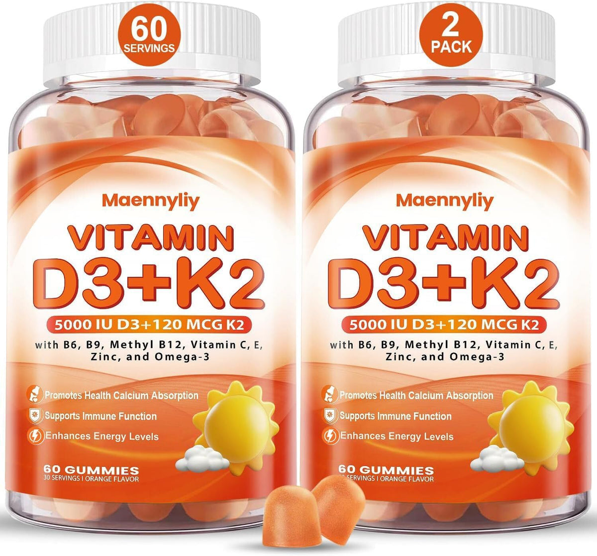 Vitamin D3 K2 Gummies for Adults - 5000 IU D3 + 120 mcg K2 (MK-7) - Sugar-Free with Omega-3 and B Vitamins - görsel 1