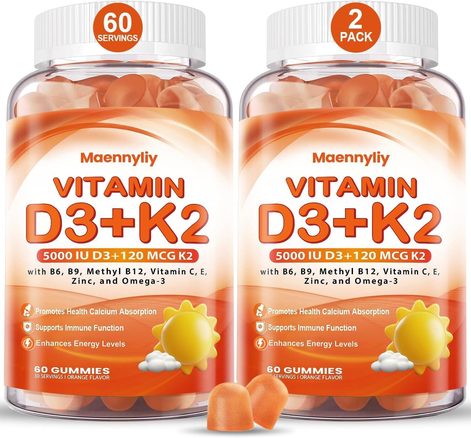 Vitamin D3 K2 Gummies for Adults - 5000 IU D3 + 120 mcg K2 (MK-7) - Sugar-Free with Omega-3 and B Vitamins - görsel 1