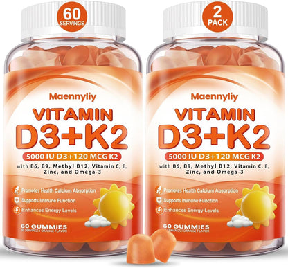 Vitamin D3 K2 Gummies for Adults - 5000 IU D3 + 120 mcg K2 (MK-7) - Sugar-Free with Omega-3 and B Vitamins