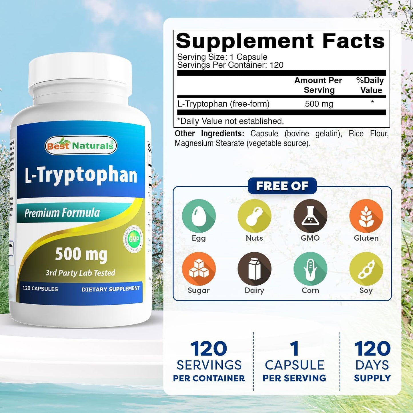 Best Naturals L-Tryptophan 500 mg – 120 Capsules (Pack of 3) - görsel 2
