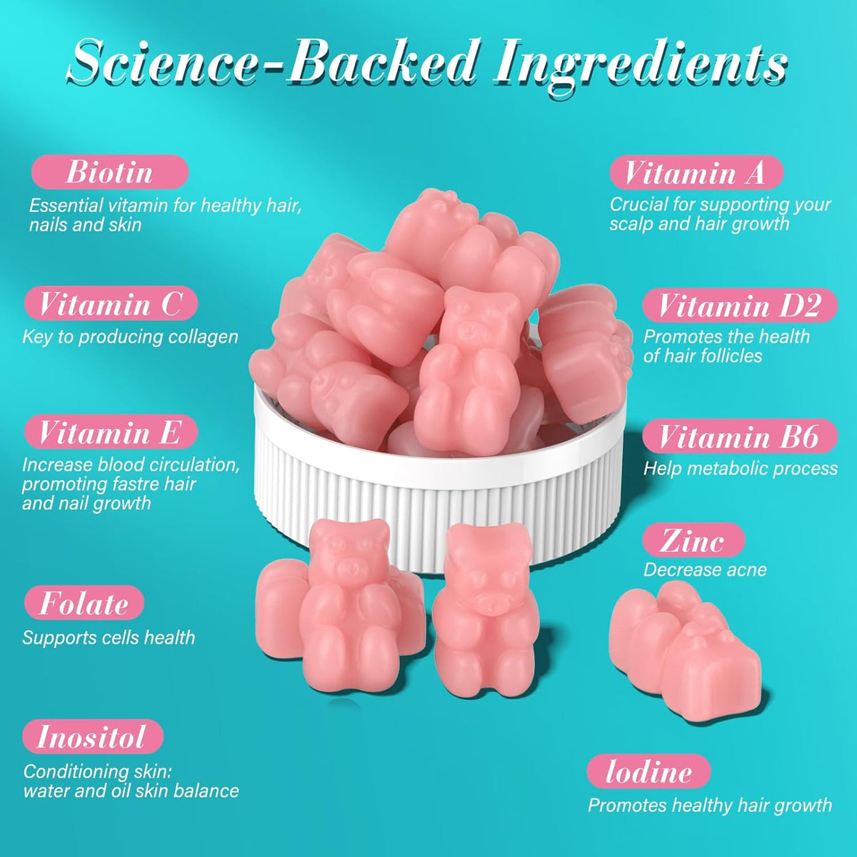 Lazpowfi Biotin Gummies for Hair, Skin & Nails – Vegan Vitamin B7 – 60 Raspberry Gummies – Image 4