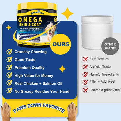SHINEPAWS Omega-3 Fish Oil for Dogs – Chicken Flavoured Chews with EPA, DHA, Zinc & Biotin (120 Count)
