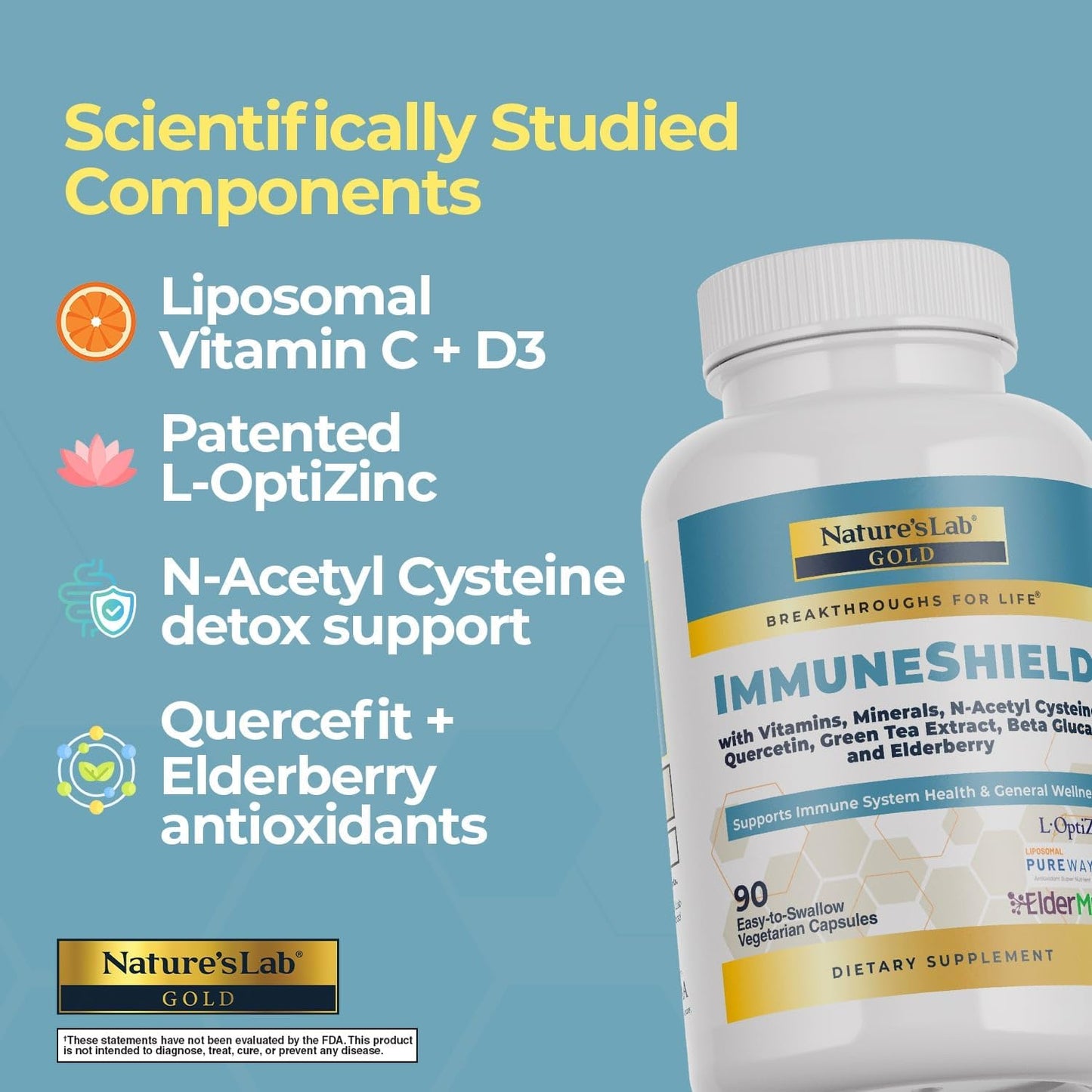 Nature's Lab Gold ImmuneShield – Liposomal Vitamin C, D3, Zinc, Quercetin & Elderberry – 90 Capsules - görsel 3