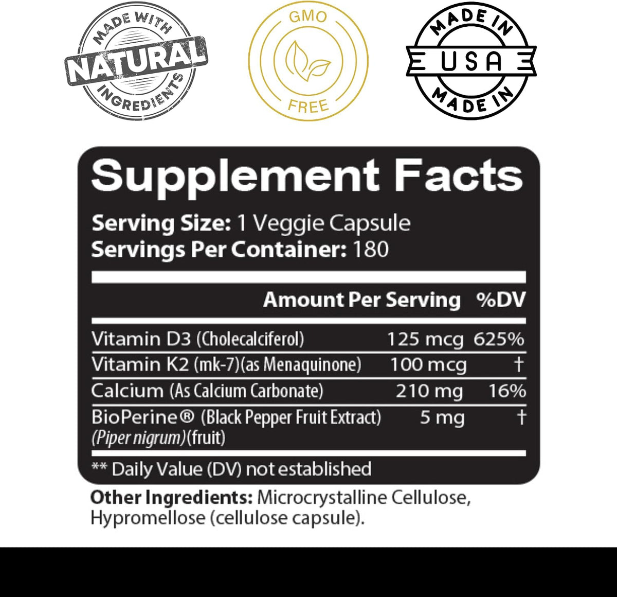 Kaya Naturals Vitamin K2 with D3 5000IU Supplement with Bioperine - Easy to Swallow Capsules (180 Count) - görsel 3
