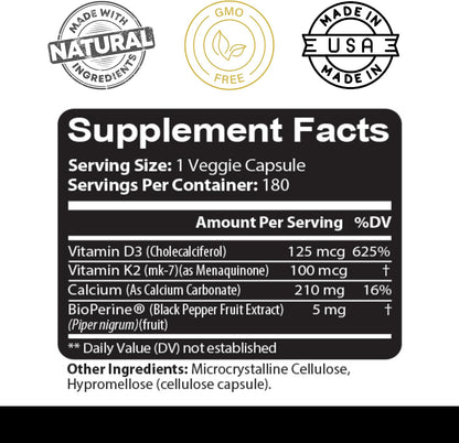 Kaya Naturals Vitamin K2 with D3 5000IU Supplement with Bioperine - Easy to Swallow Capsules (180 Count)