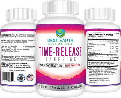 Best Earth Naturals Time Release Caffeine with L-Tyrosine, Vitamin B6, Vitamin B12, Thiamin & More - Energy Supplement for Men and Women - 40 Tablets