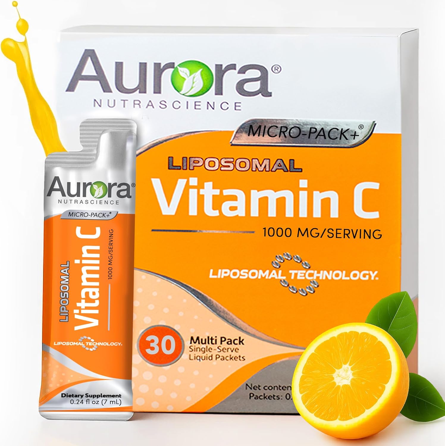 Aurora Nutrascience Liposomal Liquid Vitamin C – Immune System Support, 1000mg, Sugar Free, 30 Packets, Orange - görsel 1