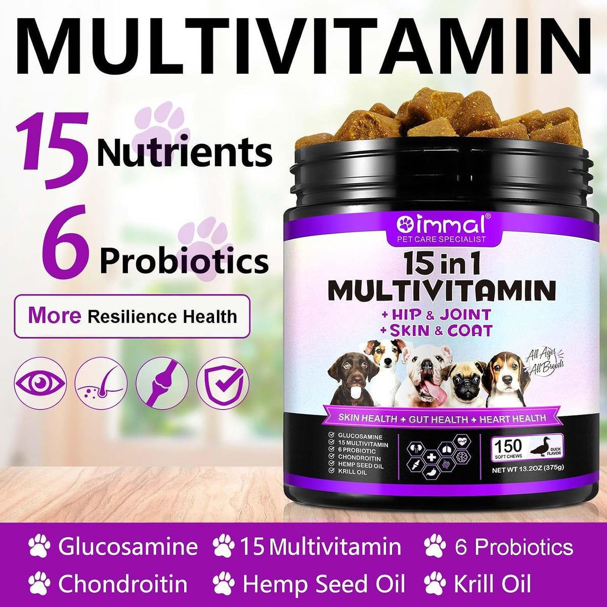 FUKEVY 15-in-1 Dog Multivitamin Soft Chews – Glucosamine, Probiotics & Joint Support (150 count) - görsel 4