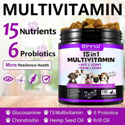 FUKEVY 15-in-1 Dog Multivitamin Soft Chews – Glucosamine, Probiotics & Joint Support (150 count)