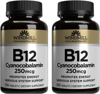 Windmill Vitamin B12 250 mcg Tablets, 100 Tablets (Pack of 2)