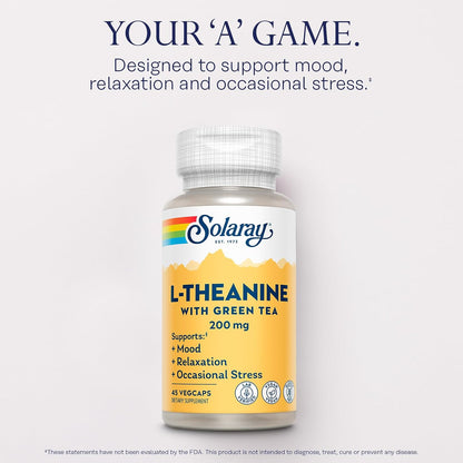SOLARAY L-Theanine 200mg with Green Tea - Healthy Mood & Relaxation Support - 45 Veggie Capsules