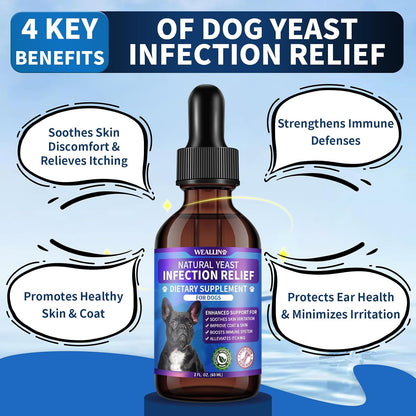 WEALLIN Natural Yeast Infection Treatment for Dogs - Probiotic-Powered Drops with 8-Herbal Blend, Bacon-Flavoured Oral Supplement for Skin, Ears, and Allergy Relief