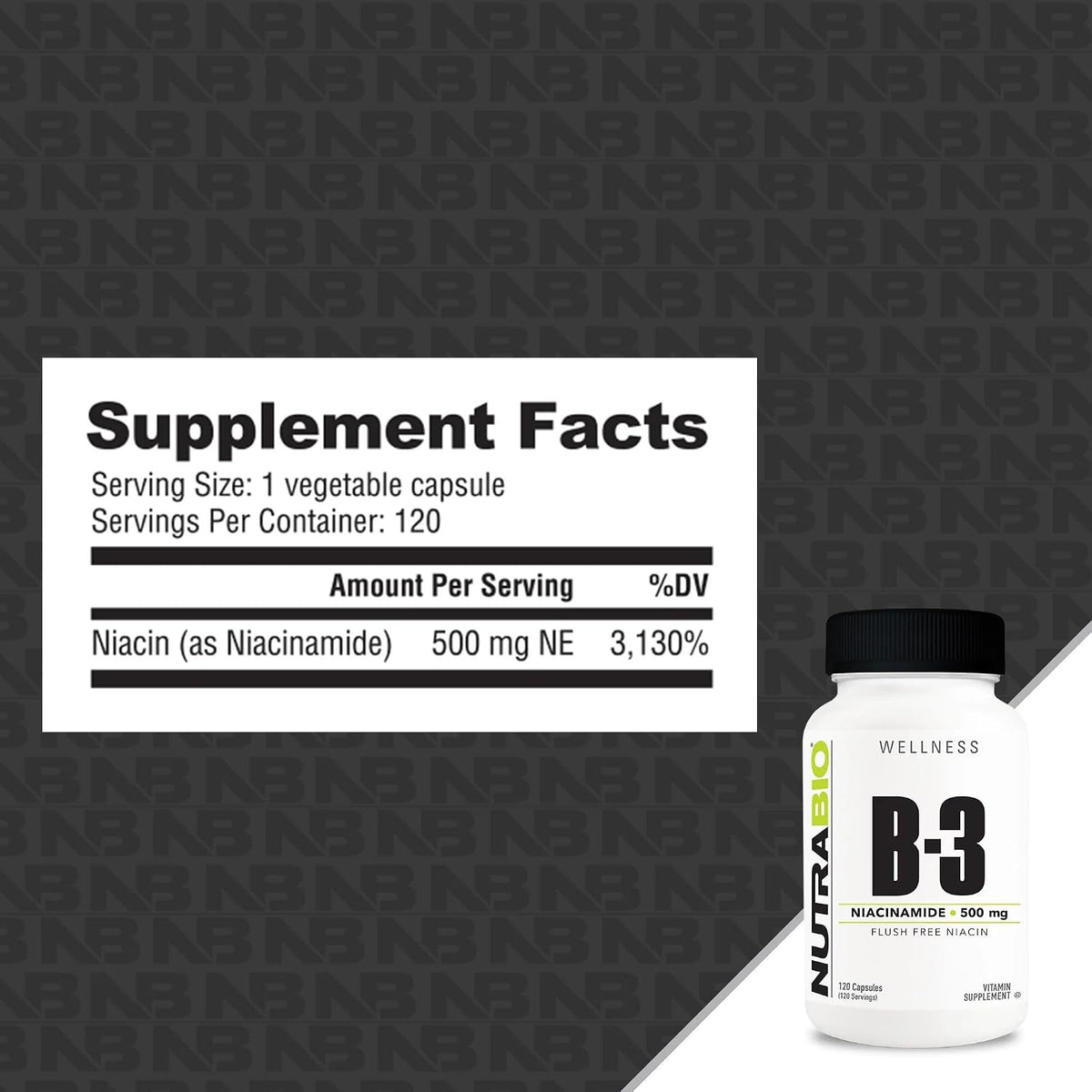 NutraBio Niacinamide – Flush Free Vitamin B3, 500mg, 120 Vegetable Capsules - görsel 3