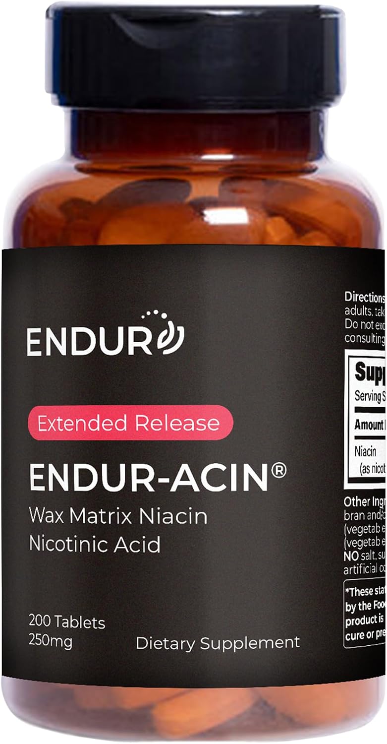 ENDUR-ACIN - Niacin B3 - ER (Extended Release) 250 mg - Nicotinic Acid - Healthy Heart & Cholesterol Balance Supplement - Low-Flush High-Potency Niacin with 4-8 HR Timed-Release Matrix - 200 Tablets - görsel 1