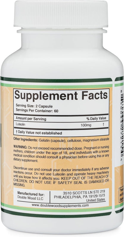 Double Wood Luteolin Supplement – 100mg per Serving, 120 Capsules, Gluten-free