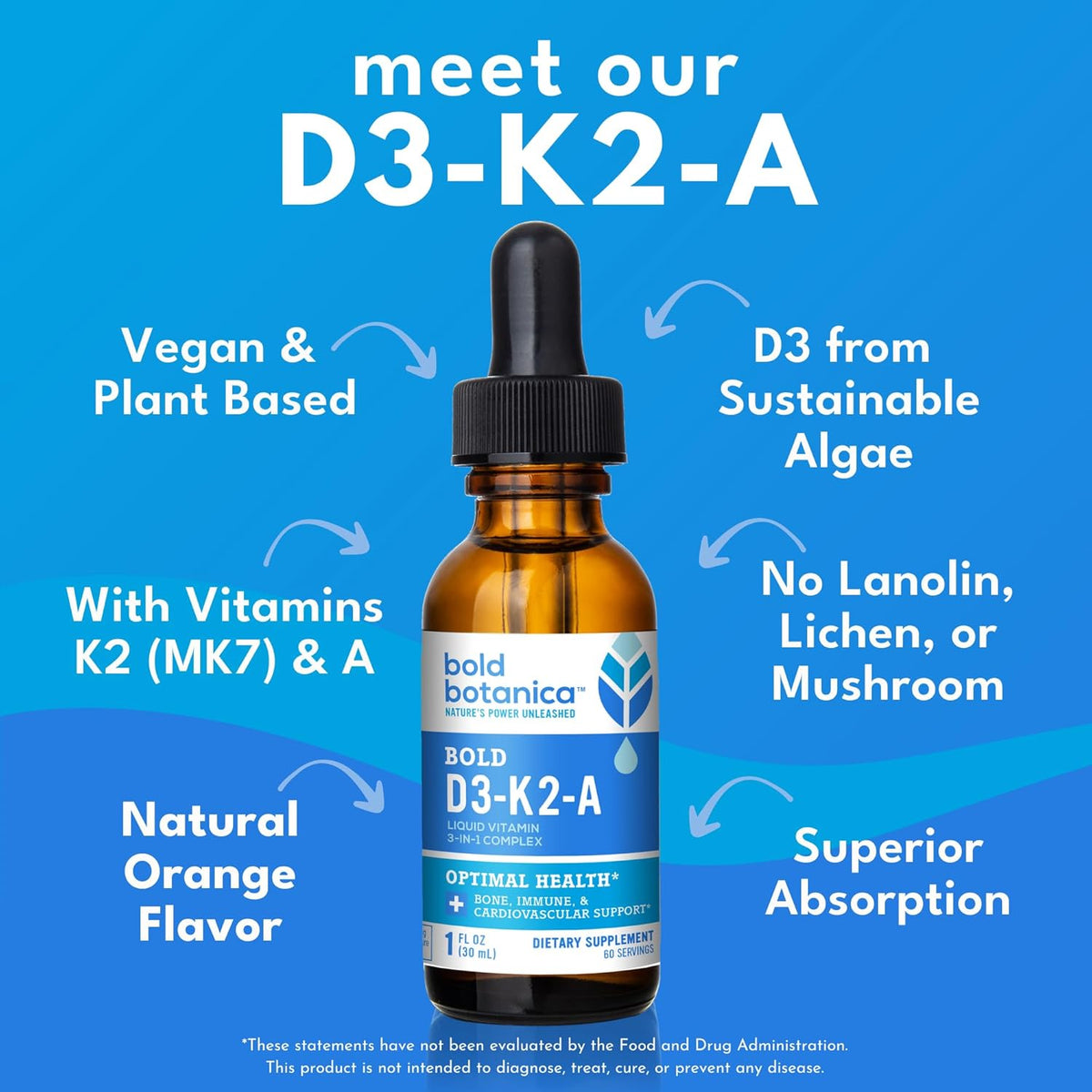 Bold Botanica Vitamin D3-K2-A Liquid Drops – 2500 IU Vegan D3 from Algae with K2 (MK7) & A, 3-in-1 Immune, Bone & Heart Support, Orange Flavour (30 ml, 60 Servings) - görsel 2