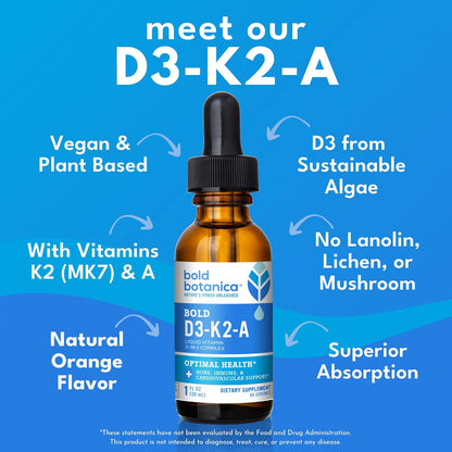 Bold Botanica Vitamin D3-K2-A Liquid Drops – 2500 IU Vegan D3 from Algae with K2 (MK7) & A, 3-in-1 Immune, Bone & Heart Support, Orange Flavour (30 ml, 60 Servings)