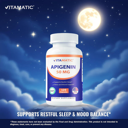 Vitamatic Apigenin 50mg – 120 Vegetarian Capsules, Plant-Based Flavonoid for Relaxation & Healthy Ageing