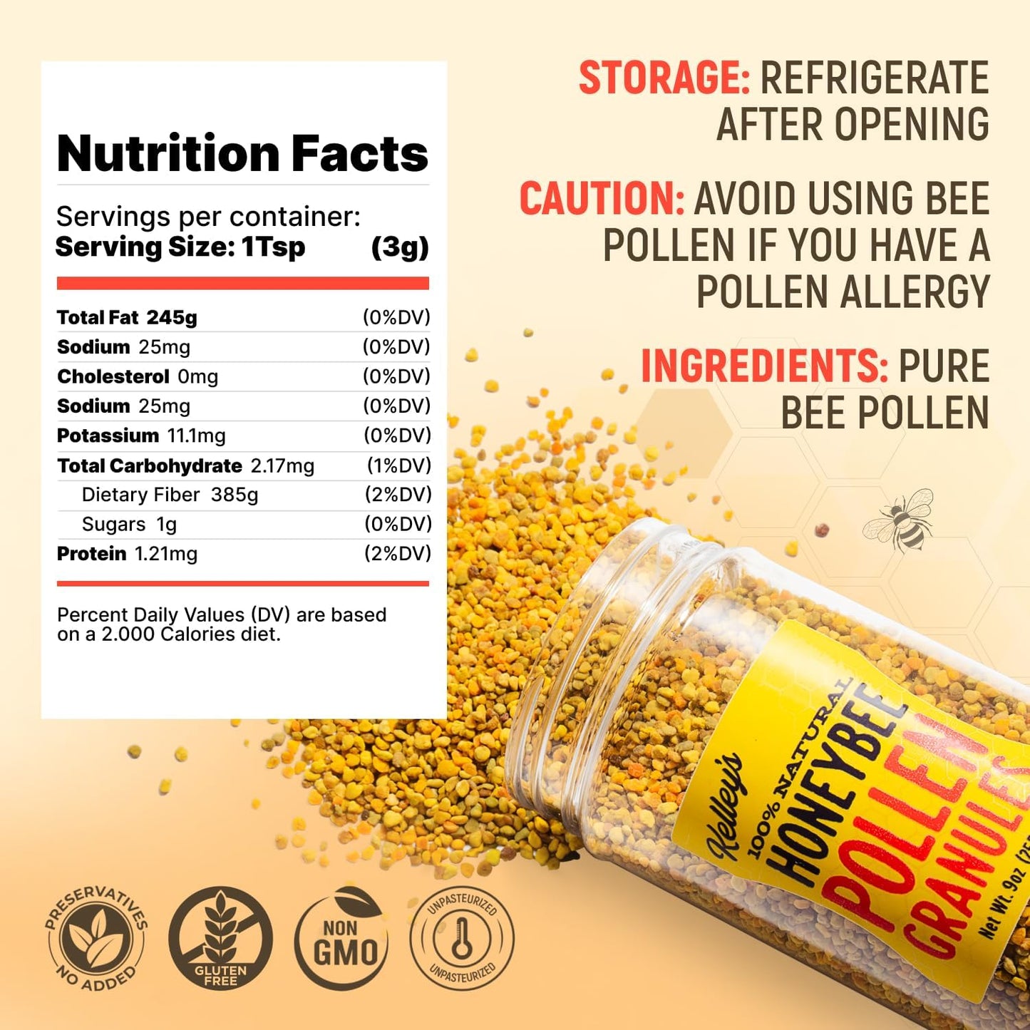 Kelley’s Bee Pollen, 255 g – 100% Raw Bee Pollen Granules - görsel 2