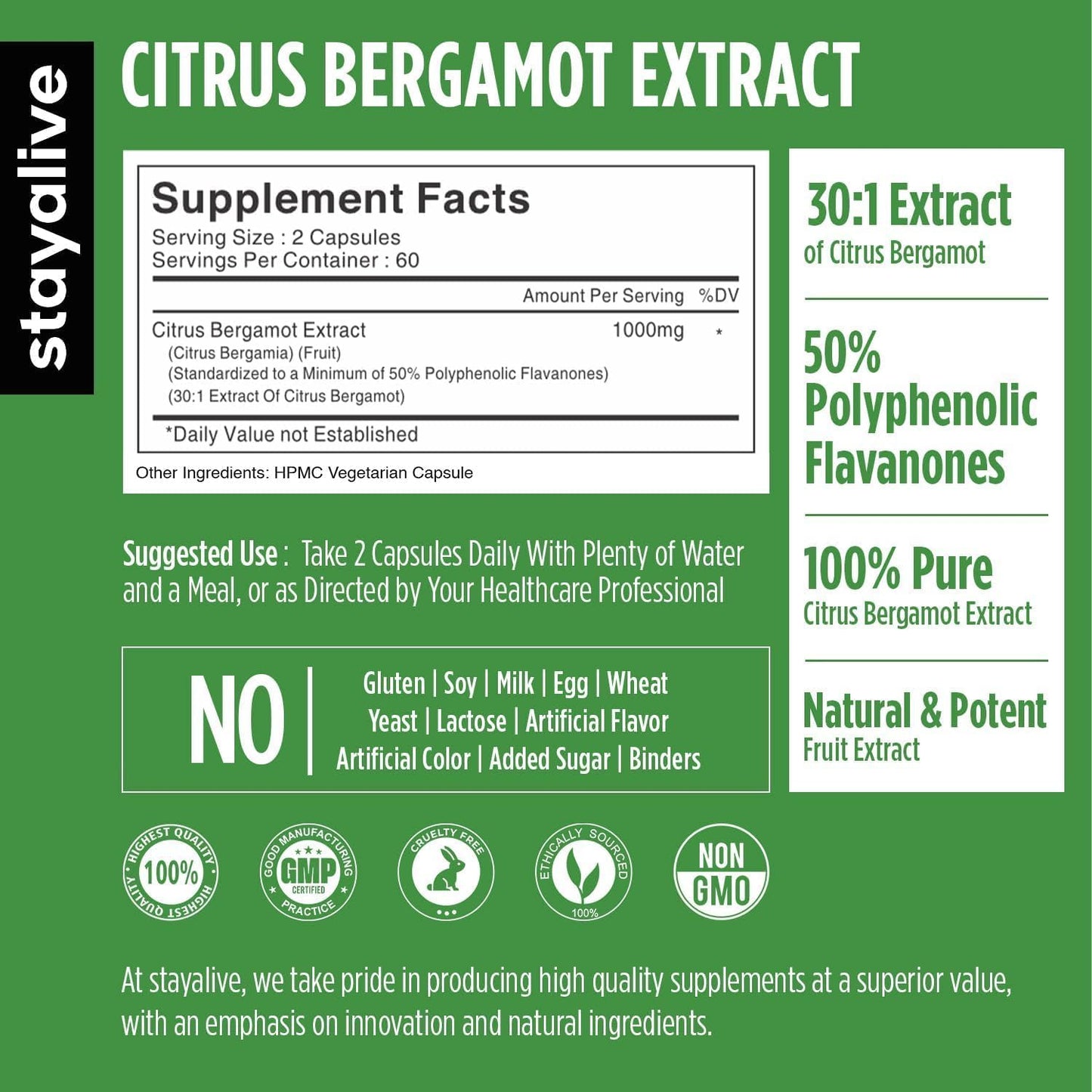 StayAlive Citrus Bergamot Capsules 1000mg, 30:1 Super Extract with 50% Polyphenolic Flavanones, 120 Capsules - görsel 2