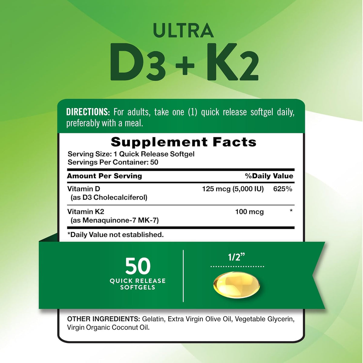 Nature's Truth Vitamin K2 MK7 Complex with D3, 100 mcg, 50 Softgels - görsel 2