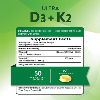 Nature's Truth Vitamin K2 MK7 Complex with D3, 100 mcg, 50 Softgels