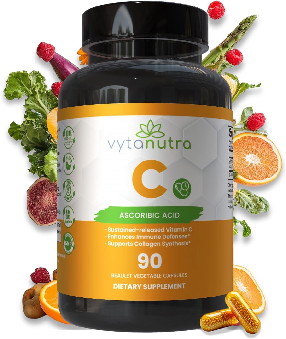 Vytanutra Immune Support Vitamin C – with Iron, Non-GMO, Vegan, Gluten-Free, Slow Release Beadlet Capsules, 90 Capsules - görsel 1
