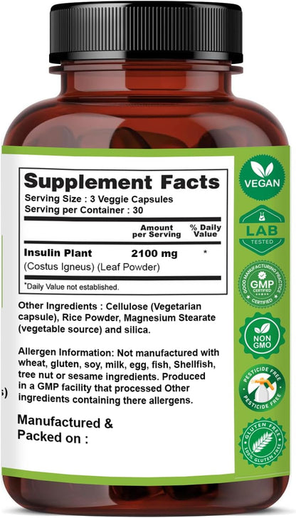 Naturfi Organic Insulin Plant Capsules (Costus Igneus) - Certified Organic, 90 Veggie Caps